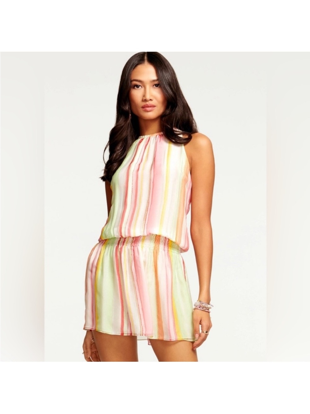 Ramy Brook Mini Dress Size XS Pastel Striped Sleeveless Sheer Vacation Island